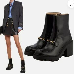 Gucci Horsebit Ankle Boots Black Leather Square Toe Lug Sole Size 36.5 / US 6.5